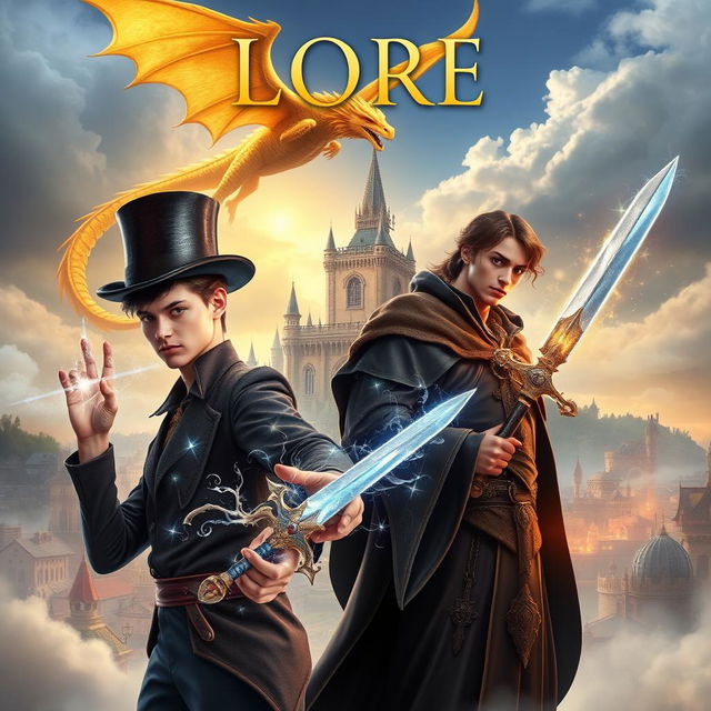 An epic fantasy book cover featuring a young man displaying magical powers, wearing a stylish top hat