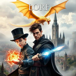 An epic fantasy book cover featuring a young man displaying magical powers, wearing a stylish top hat