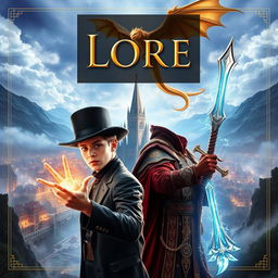 An epic fantasy book cover featuring a young man displaying magical powers, wearing a stylish top hat