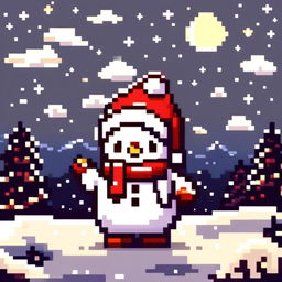 Pixel art PFP featuring an adorable snowman with a Santa hat, standing in a snowy landscape under a starry night sky.