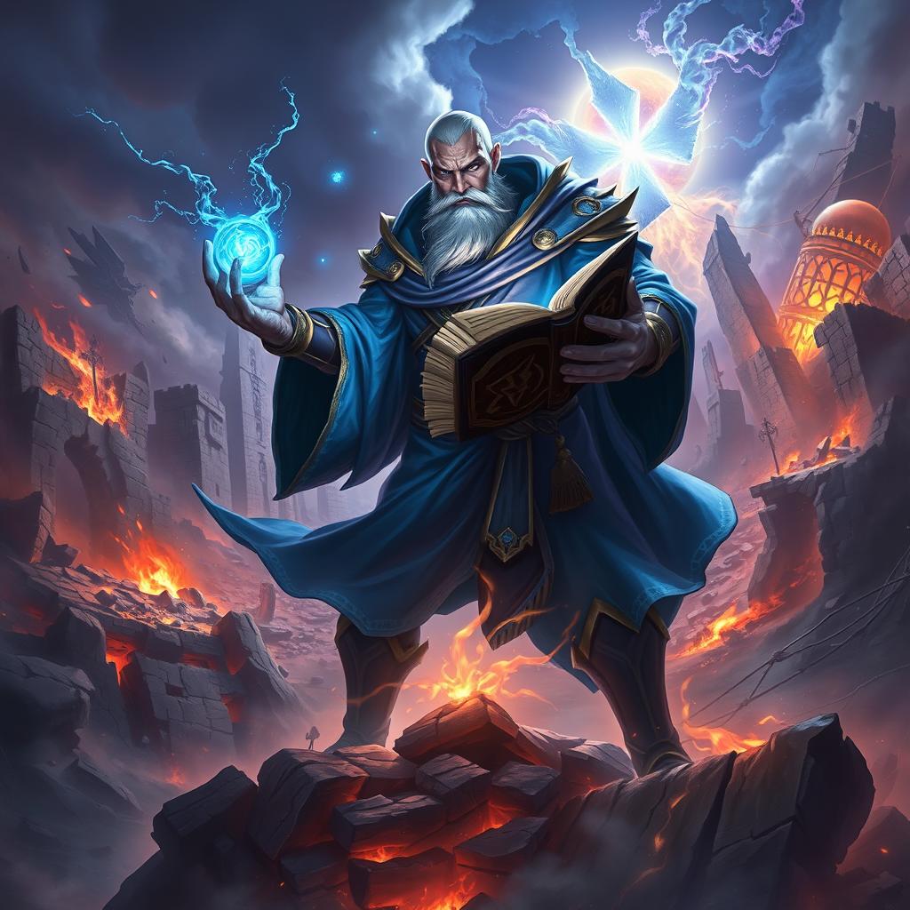 Ryze from League of Legends portrayed in an intense and powerful stance amidst a backdrop of destruction originating from the Runic Wars