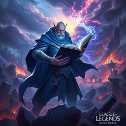 Ryze from League of Legends portrayed in an intense and powerful stance amidst a backdrop of destruction originating from the Runic Wars