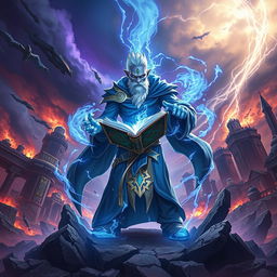 Ryze from League of Legends portrayed in an intense and powerful stance amidst a backdrop of destruction originating from the Runic Wars