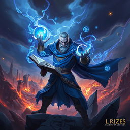 Ryze from League of Legends portrayed in an intense and powerful stance amidst a backdrop of destruction originating from the Runic Wars