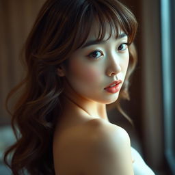 A realistic analog photo of a beautiful 20-year-old Asian woman, nude with soft, natural makeup