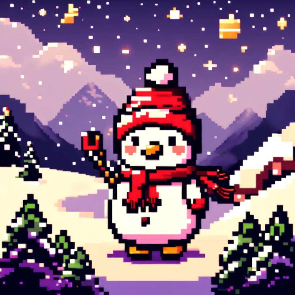 Pixel art PFP featuring an adorable snowman with a Santa hat, standing in a snowy landscape under a starry night sky.