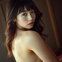 A realistic analog photo of a beautiful 20-year-old Asian woman, nude with soft, natural makeup