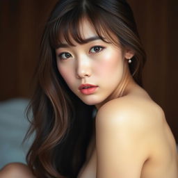 A realistic analog photo of a beautiful 20-year-old Asian woman, nude with soft, natural makeup