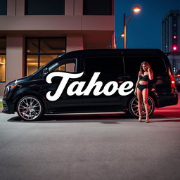 A custom all black Tahoe van with sleek silver rims, parked prominently