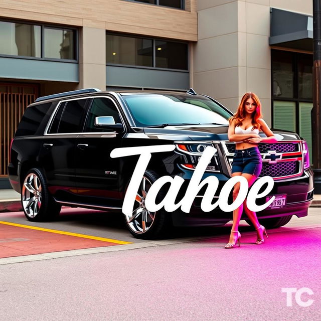 A custom all black Tahoe van with sleek silver rims, parked prominently