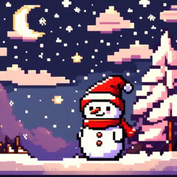 Pixel art PFP featuring an adorable snowman with a Santa hat, standing in a snowy landscape under a starry night sky.