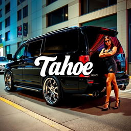 A custom all black Tahoe van with sleek silver rims, parked prominently