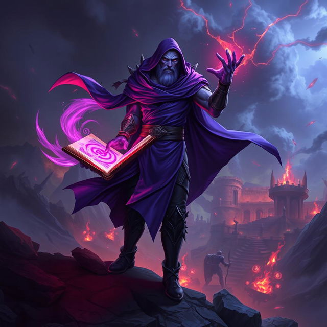 Purple Ryze from League of Legends, depicted in his default skin, stands heroically against a dramatic backdrop of destruction from the Runic Wars