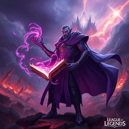 Purple Ryze from League of Legends, depicted in his default skin, stands heroically against a dramatic backdrop of destruction from the Runic Wars