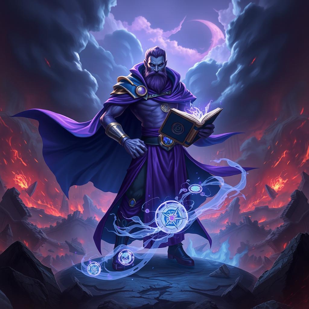 Purple Ryze from League of Legends, depicted in his default skin, stands heroically against a dramatic backdrop of destruction from the Runic Wars