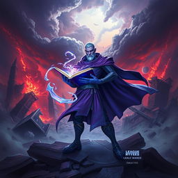 Purple Ryze from League of Legends, depicted in his default skin, stands heroically against a dramatic backdrop of destruction from the Runic Wars