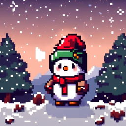 Pixel art PFP featuring an adorable snowman with a Santa hat, standing in a snowy landscape under a starry night sky.