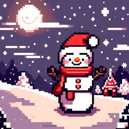 Pixel art PFP featuring an adorable snowman with a Santa hat, standing in a snowy landscape under a starry night sky.