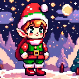 Pixel art PFP featuring an adorable Christmas elf with a festive hat, standing in a snowy landscape under a starry night sky.