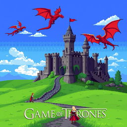 A vibrant, pixel art depiction inspired by the series 'Game of Thrones', showcasing iconic elements such as a medieval castle, dragons flying overhead, and characters clad in armor, all rendered in an 8-bit style reminiscent of classic Dendy game graphics