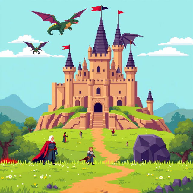 A vibrant, pixel art depiction inspired by the series 'Game of Thrones', showcasing iconic elements such as a medieval castle, dragons flying overhead, and characters clad in armor, all rendered in an 8-bit style reminiscent of classic Dendy game graphics