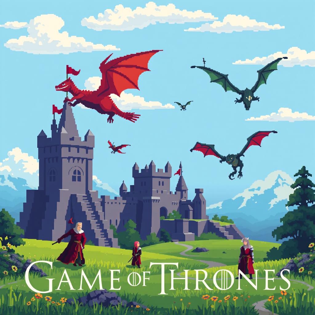 A vibrant, pixel art depiction inspired by the series 'Game of Thrones', showcasing iconic elements such as a medieval castle, dragons flying overhead, and characters clad in armor, all rendered in an 8-bit style reminiscent of classic Dendy game graphics