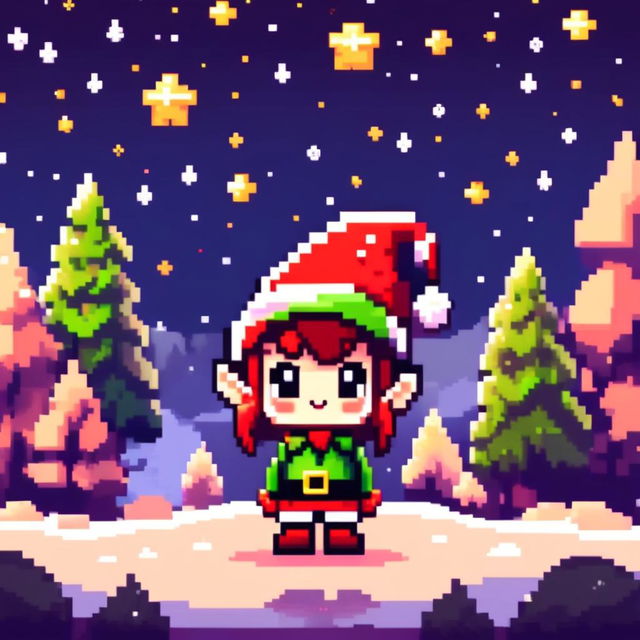 Pixel art PFP featuring an adorable Christmas elf with a festive hat, standing in a snowy landscape under a starry night sky.