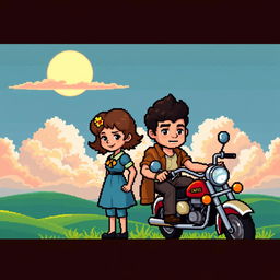 A nostalgic 8-bit pixel art scene inspired by the film 'Достучаться до небес' (Knocking on Heaven's Door), featuring two main characters in a stylized retro design