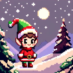 Pixel art PFP featuring an adorable Christmas elf with a festive hat, standing in a snowy landscape under a starry night sky.