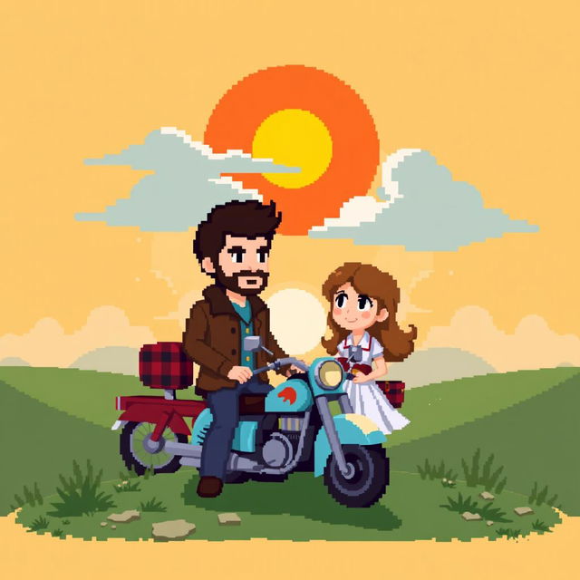 A nostalgic 8-bit pixel art scene inspired by the film 'Достучаться до небес' (Knocking on Heaven's Door), featuring two main characters in a stylized retro design