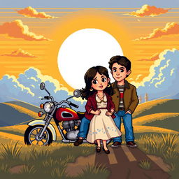 A nostalgic 8-bit pixel art scene inspired by the film 'Достучаться до небес' (Knocking on Heaven's Door), featuring two main characters in a stylized retro design