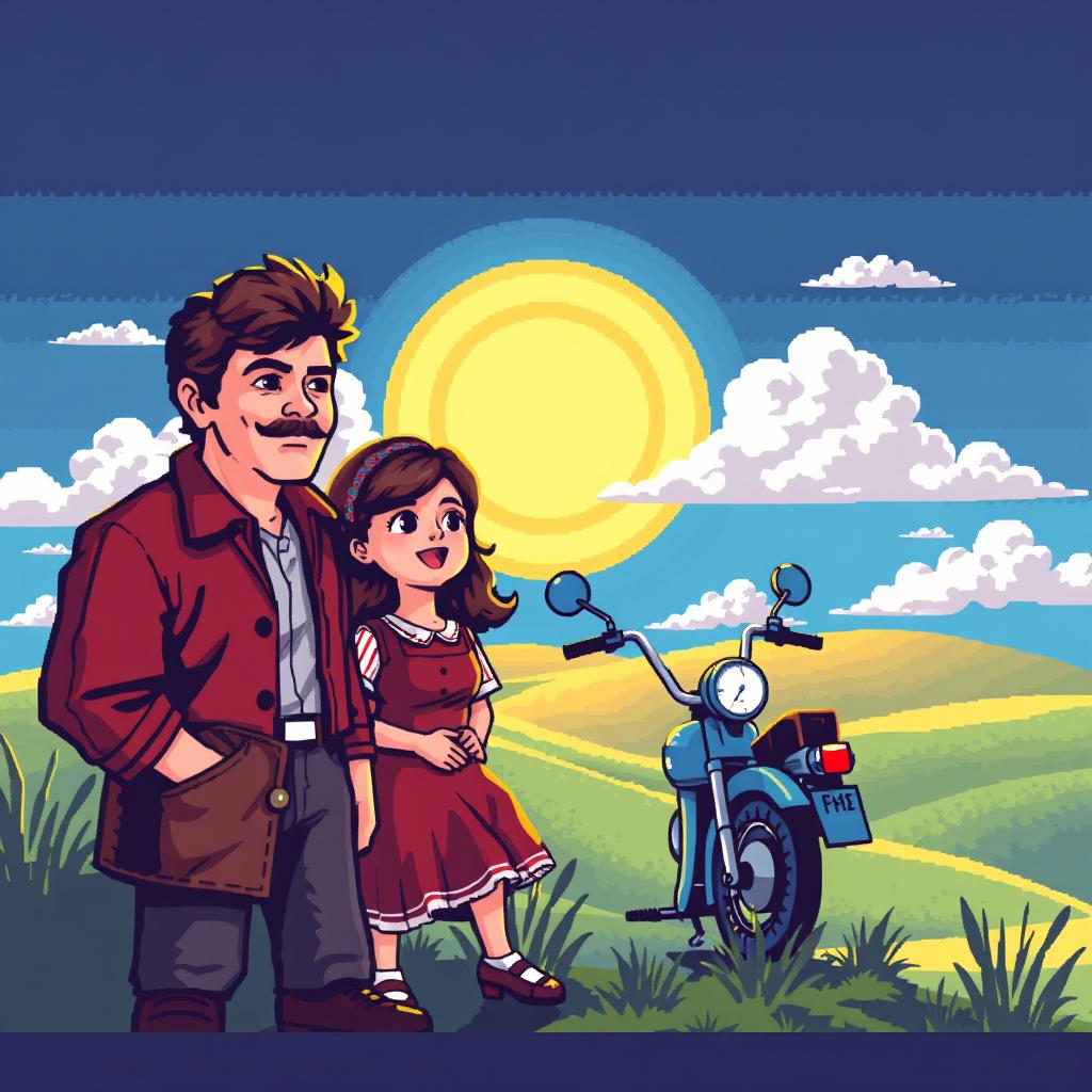 A nostalgic 8-bit pixel art scene inspired by the film 'Достучаться до небес' (Knocking on Heaven's Door), featuring two main characters in a stylized retro design