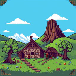 A nostalgic 8-bit pixel art scene inspired by the film 'Властелин колец' (The Lord of the Rings)