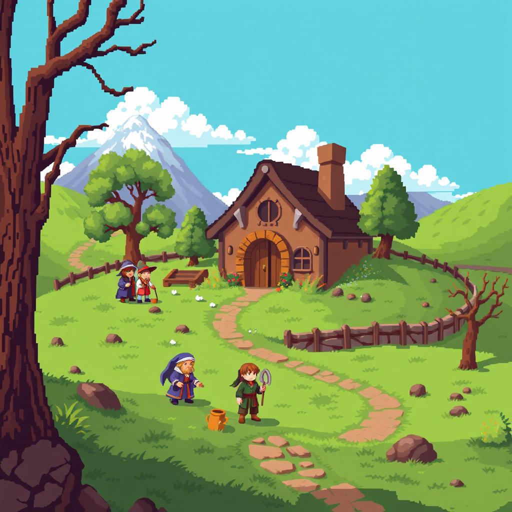 A nostalgic 8-bit pixel art scene inspired by the film 'Властелин колец' (The Lord of the Rings)