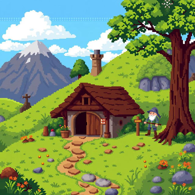 A nostalgic 8-bit pixel art scene inspired by the film 'Властелин колец' (The Lord of the Rings)