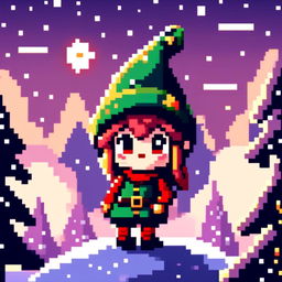 Pixel art PFP featuring an adorable Christmas elf with a festive hat, standing in a snowy landscape under a starry night sky.