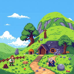 A nostalgic 8-bit pixel art scene inspired by the film 'Властелин колец' (The Lord of the Rings)