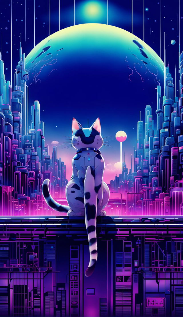 A 32k resolution retro sci-fi anime poster with a Wes Anderson-inspired aesthetic, featuring a cybernetic cat on a futuristic cityscape under a technologically advanced moon