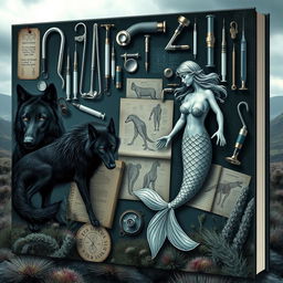 A captivating book cover design featuring an array of veterinary equipment such as stethoscopes, syringes, and animal anatomy charts
