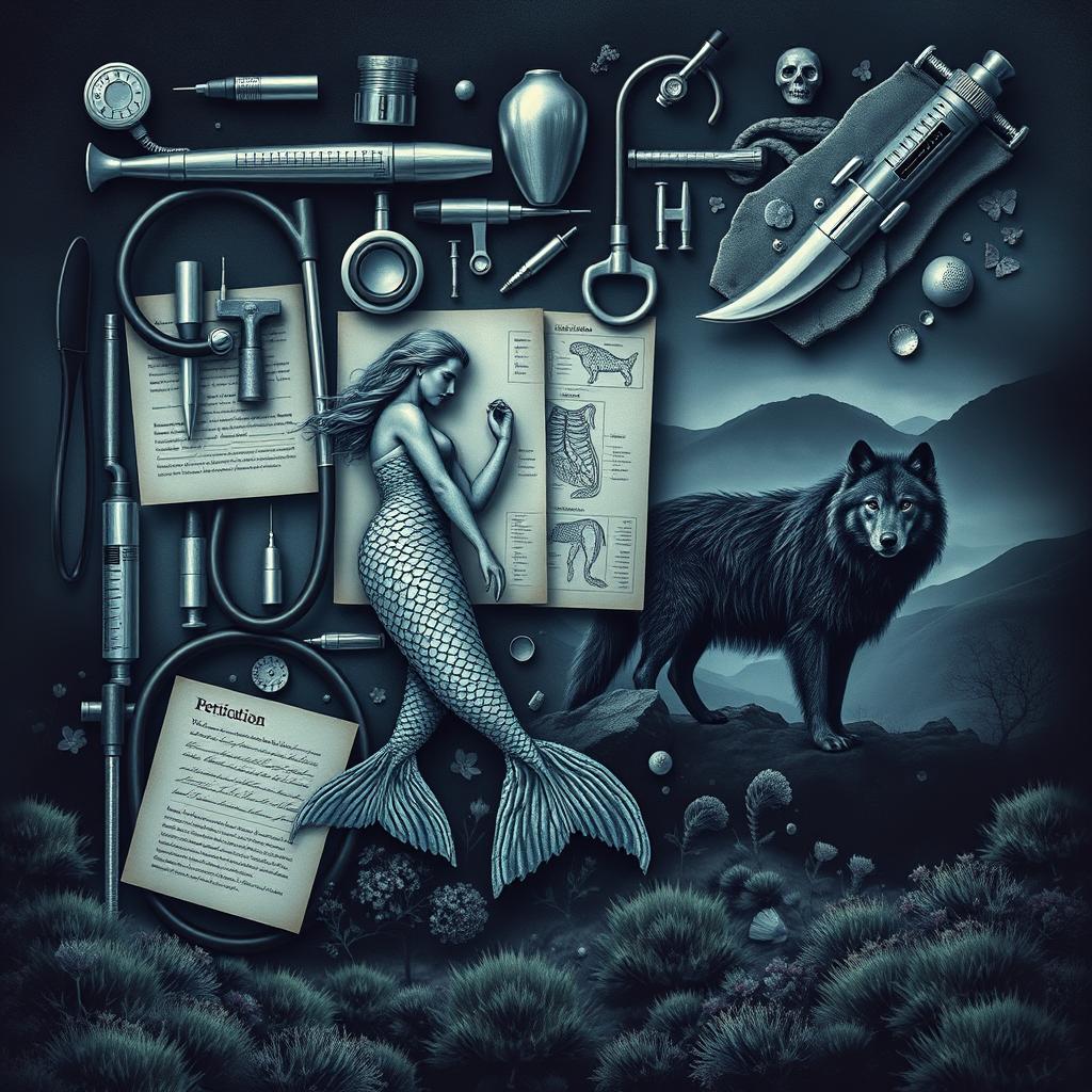 A captivating book cover design featuring an array of veterinary equipment such as stethoscopes, syringes, and animal anatomy charts