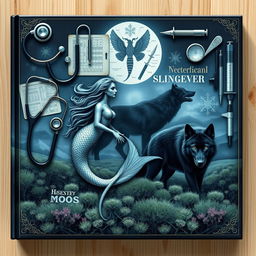 A captivating book cover design featuring an array of veterinary equipment such as stethoscopes, syringes, and animal anatomy charts