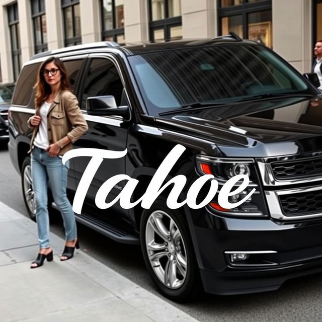 A sleek all-black Chevrolet Tahoe van with shiny silver rims parked on a city street