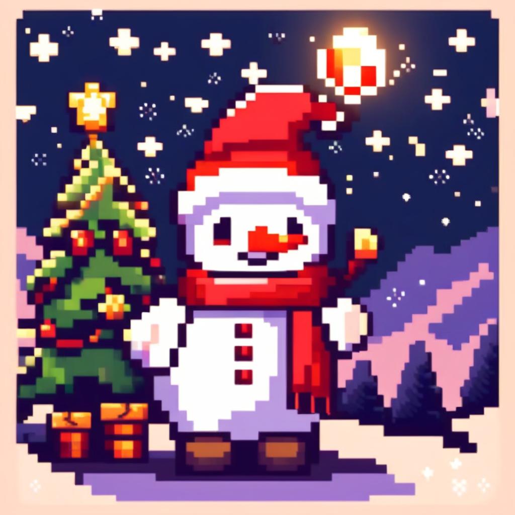 Pixel art PFP featuring a cute snowman with a Santa hat, standing next to a decorated Christmas tree under a starry night sky