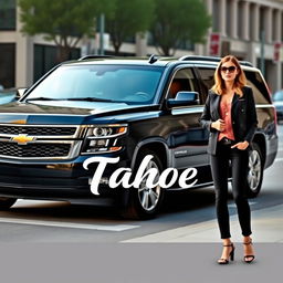 A sleek all-black Chevrolet Tahoe van with shiny silver rims parked on a city street