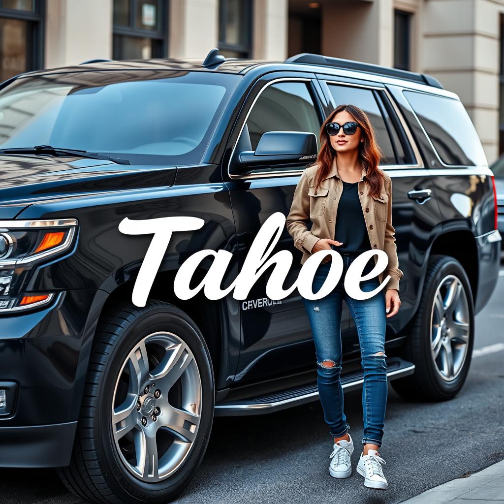A sleek all-black Chevrolet Tahoe van with shiny silver rims parked on a city street