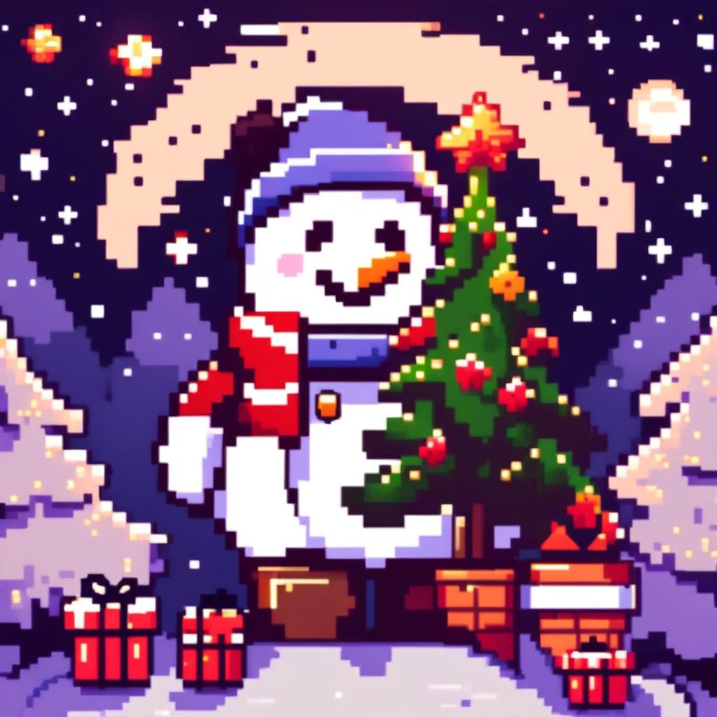 Pixel art PFP featuring a cute snowman with a Santa hat, standing next to a decorated Christmas tree under a starry night sky