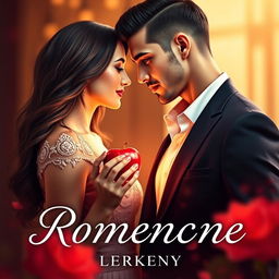 An enchanting e-book cover for a romantic story featuring a beautiful woman holding a shiny red apple in her hand, gazing passionately at a handsome man with slicked-back black hair