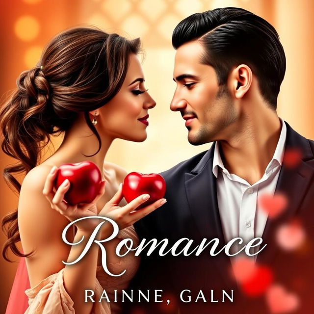 An enchanting e-book cover for a romantic story featuring a beautiful woman holding a shiny red apple in her hand, gazing passionately at a handsome man with slicked-back black hair