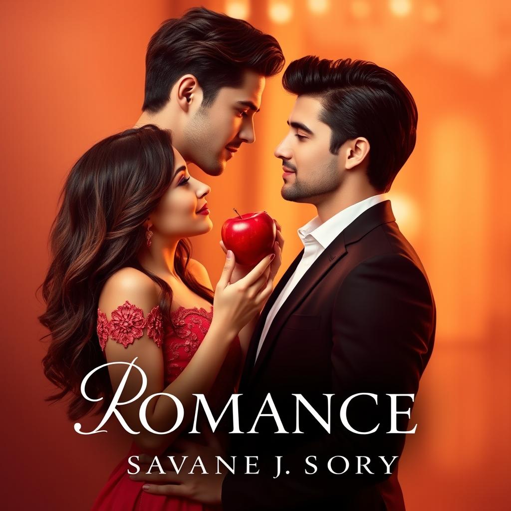 An enchanting e-book cover for a romantic story featuring a beautiful woman holding a shiny red apple in her hand, gazing passionately at a handsome man with slicked-back black hair