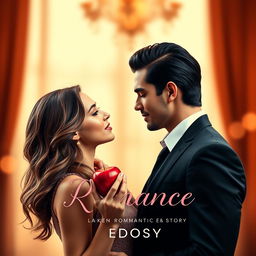 An enchanting e-book cover for a romantic story featuring a beautiful woman holding a shiny red apple in her hand, gazing passionately at a handsome man with slicked-back black hair
